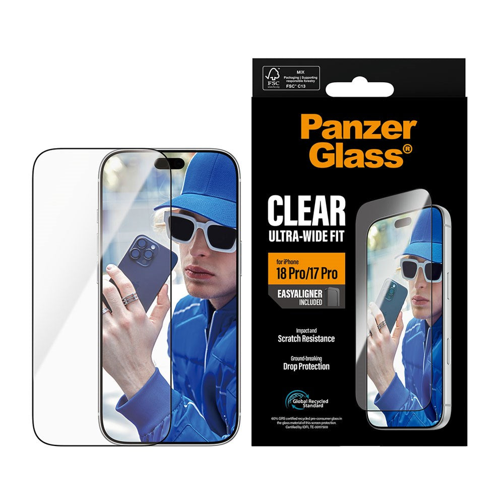 iPhone 18 Pro / 17 Pro PanzerGlass Hærdet Beskyttelsesglas - Ultra Wide Fit m. EasyAligner - Gennemsigtig