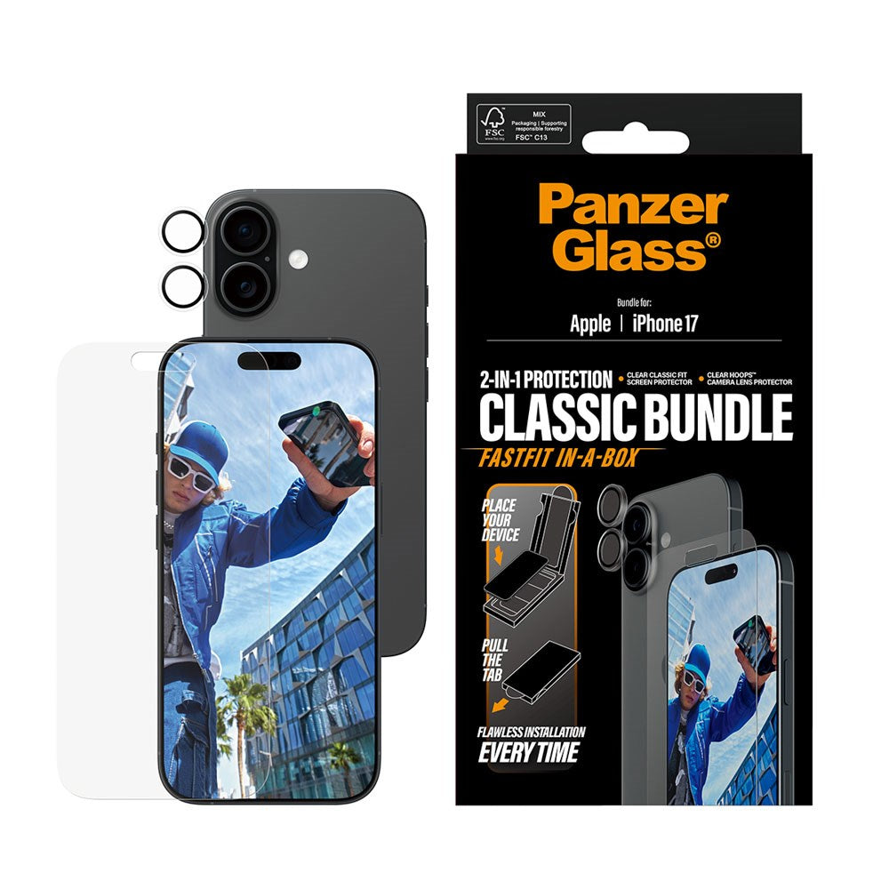 iPhone 17 PanzerGlass 2-in-1 Classic Bundle m. Classic Fit Skærmbeskyttelse & Hoops Kameralinsebeskyttelse - Gennemsigtig