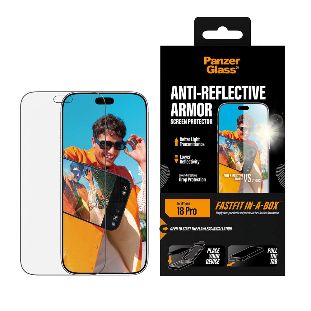 iPhone 18 Pro PanzerGlass Hærdet Beskyttelsesglas m. FastFit In-A-Box - Anti-Reflekterende - Gennemsigtig