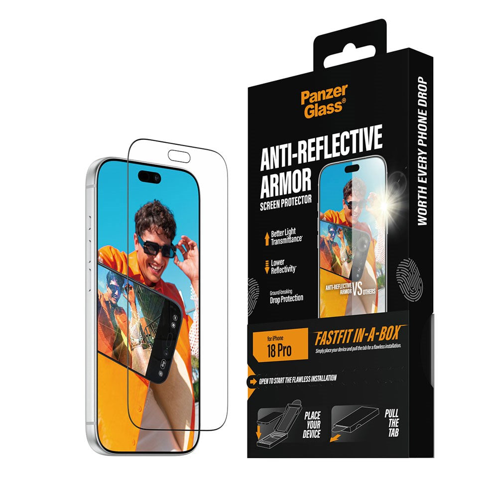 iPhone 18 Pro PanzerGlass Hærdet Beskyttelsesglas m. FastFit In-A-Box - Anti-Reflekterende - Gennemsigtig