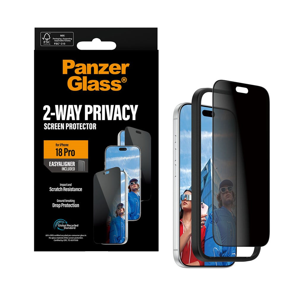 iPhone 18 Pro PanzerGlass Hærdet Beskyttelsesglas - Ultra Wide Fit m. EasyAligner - Privacy Funktion - Gennemsigtig