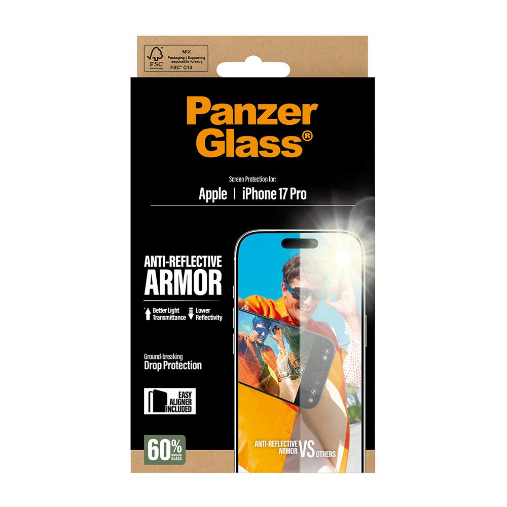 iPhone 17 Pro PanzerGlass Ultra Wide Fit Beskyttelsesglas m. EasyAligner - Anti-Reflective - Gennemsigtig