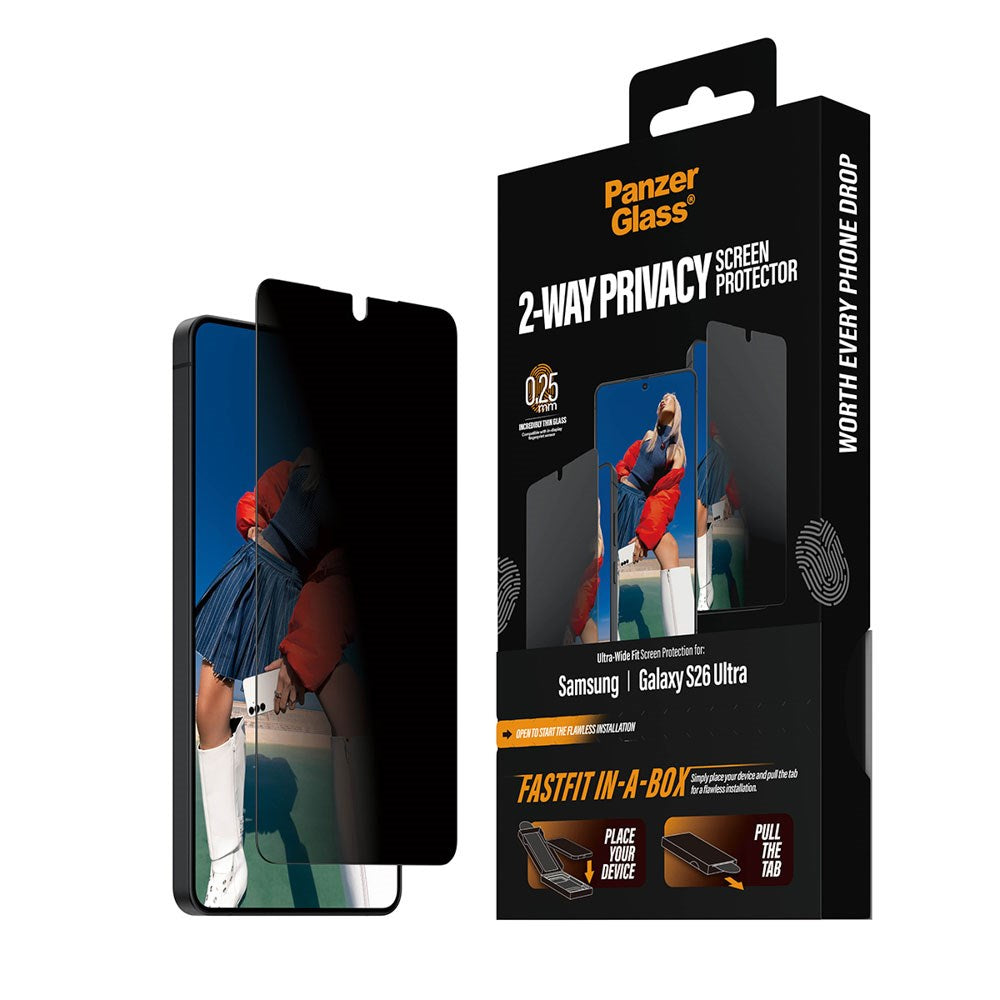 Samsung Galaxy S26 Ultra PanzerGlass 2-Way Privacy Skærmbeskyttelsesglas - inkl. FastFit In-A-Box - Gennemsigtig