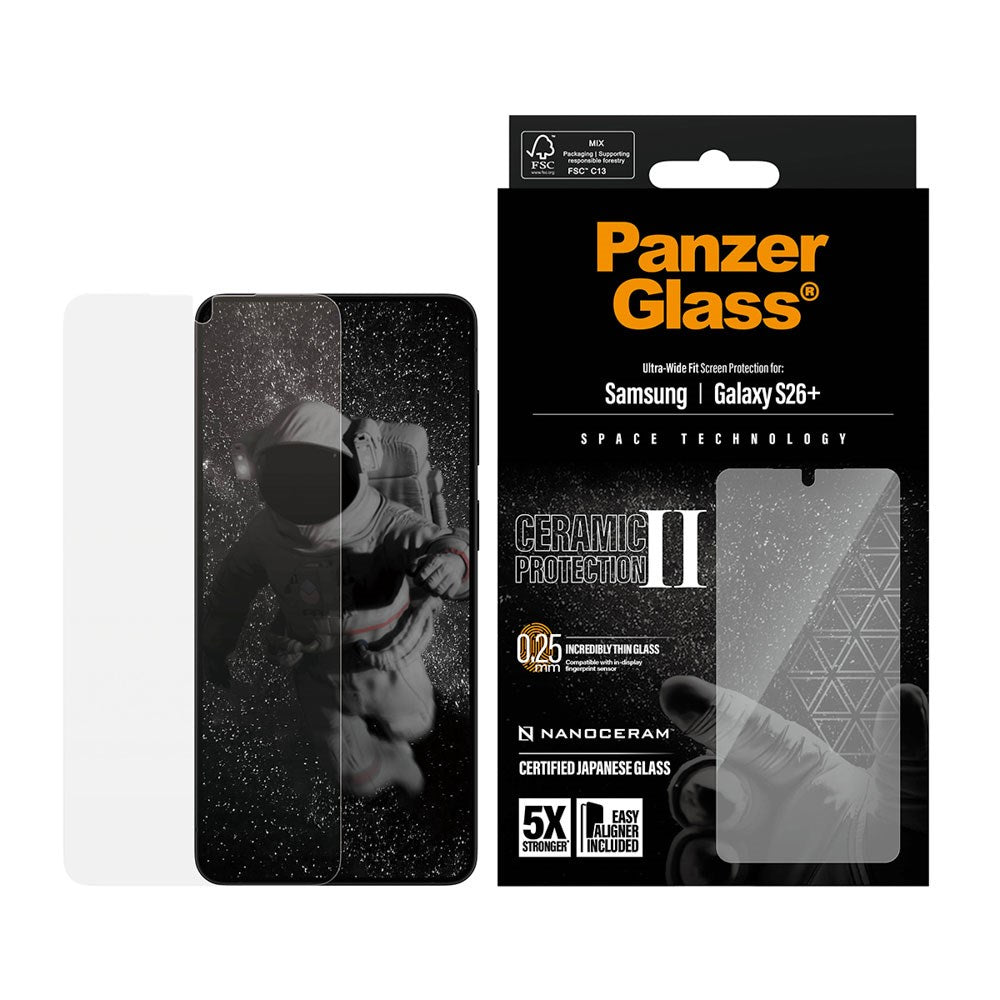 Samsung Galaxy S26+ (Plus) PanzerGlass Ceramic Skærmbeskyttelsesglas m. EasyAligner - Ultra Wide Fit - Gennemsigtig