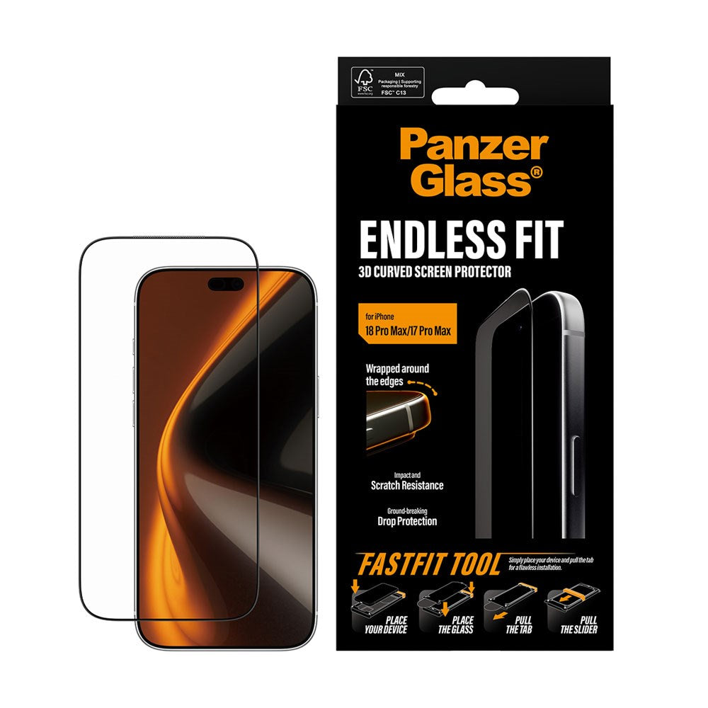 iPhone 18 Pro Max / 17 Pro Max PanzerGlass Endless Fit Beskyttelsesglas m. FastFit-In-A-Box - Gennemsigtig