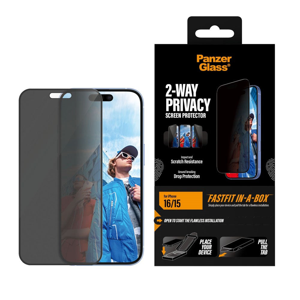 iPhone 16 / 15 PanzerGlass 2-Way Privacy Skærmbeskyttelsesglas - inkl. FastFit In-A-Box - Gennemsigtig