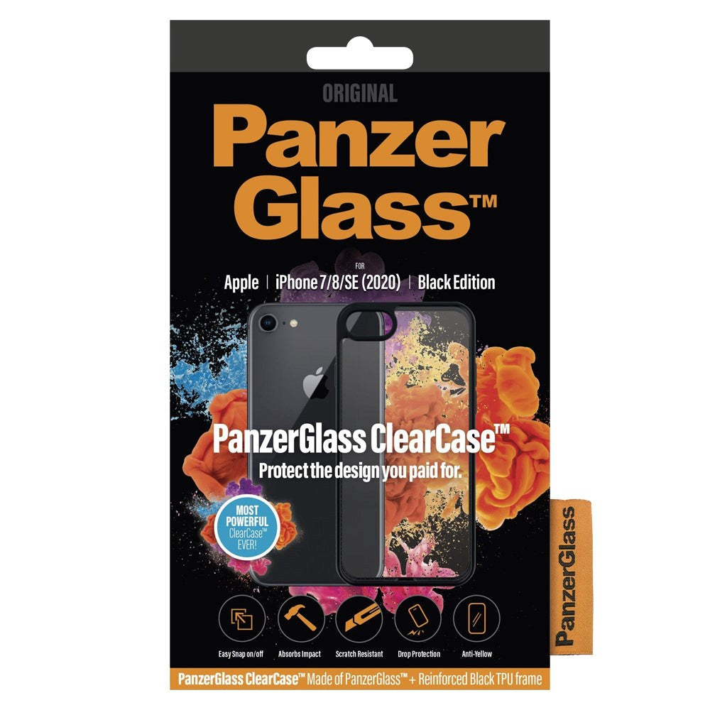 iPhone SE (2022 / 2020) / 8 / 7 / 6 / 6s Cover PanzerGlass ClearCase m. Sorte Kanter