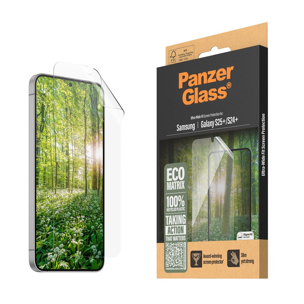 Samsung Galaxy S25+ (Plus) PanzerGlass Eco Matrix Beskyttelsesglas - Ultra Wide Fit - Alignerkit - Platinum Strength - Gennemsigtig