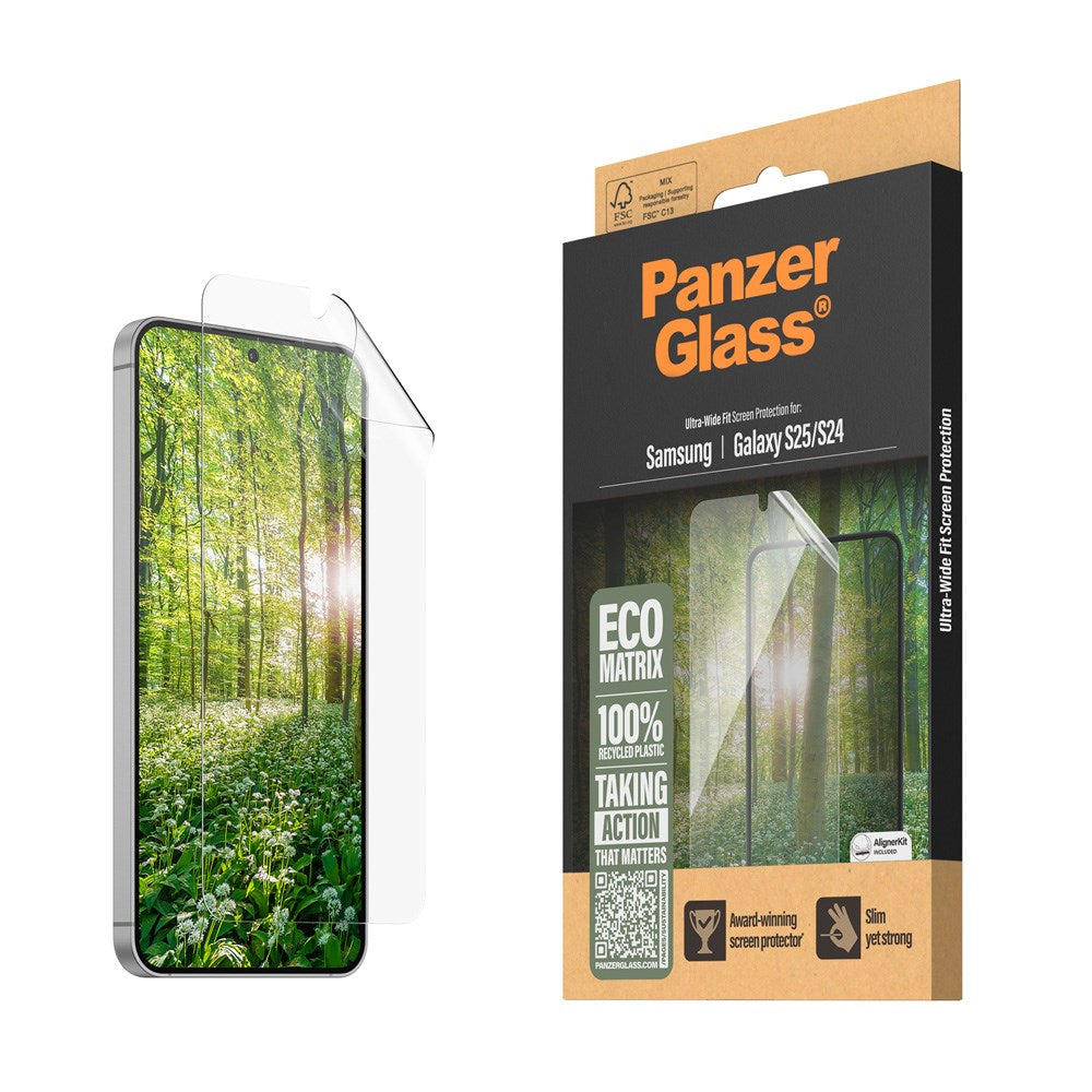 Samsung Galaxy S25 PanzerGlass Eco Matrix Beskyttelsesglas - Ultra Wide Fit - Alignerkit - Platinum Strength - Gennemsigtig