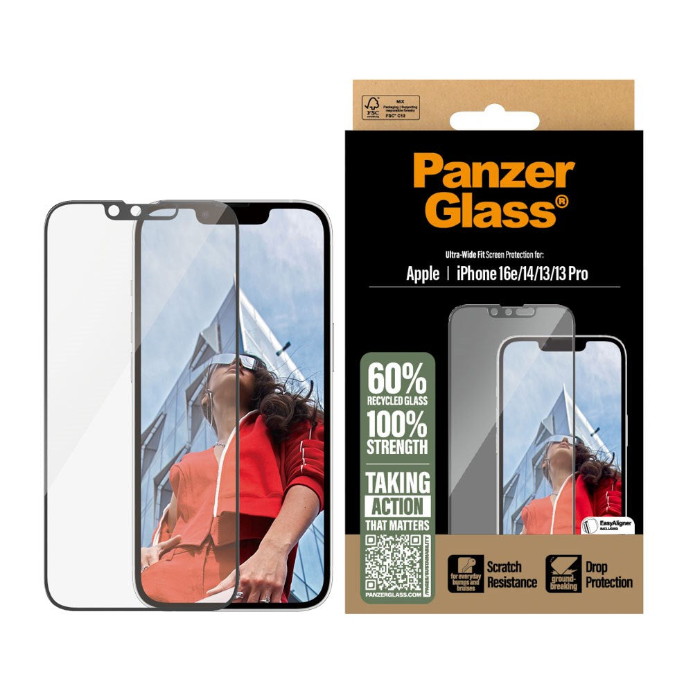 PanzerGlass® Skærmbeskytter til iPhone 16e / 14 / 13 / 13 Pro - Ultra-Wide Beskyttelse - Inkl. EasyAligner - Gennemsigtig