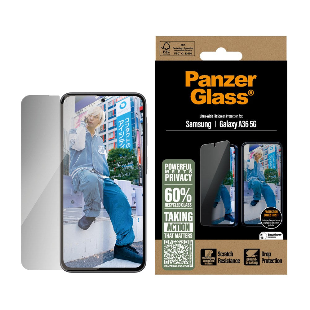 Samsung Galaxy A36 (5G) PanzerGlass Ultra Wide Fit Beskyttelsesglas m. EasyAligner - Privacy - Gennemsigtig
