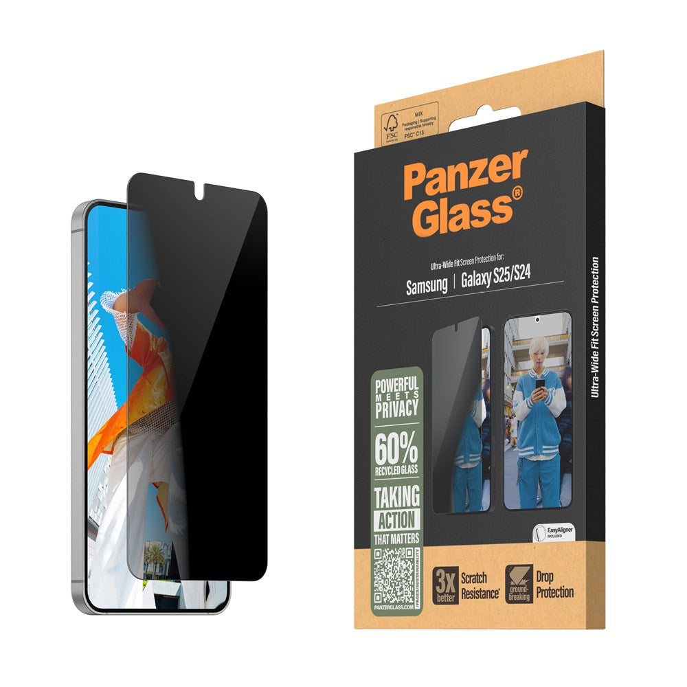 Samsung Galaxy S25 - PanzerGlass Ultra-Wide Fit Skærmbeskyttelsesglas - Privacy Funktion - Gennemsigtig