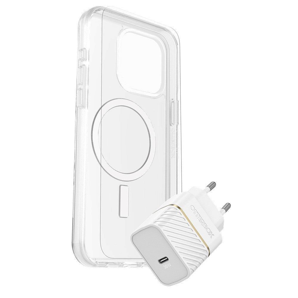 OtterBox iPhone 15 Pro Max Protection + Power Kit - MagSafe Cover, Skærmbeskyttelse & 30W Vægoplader - Gennemsigtig / Hvid