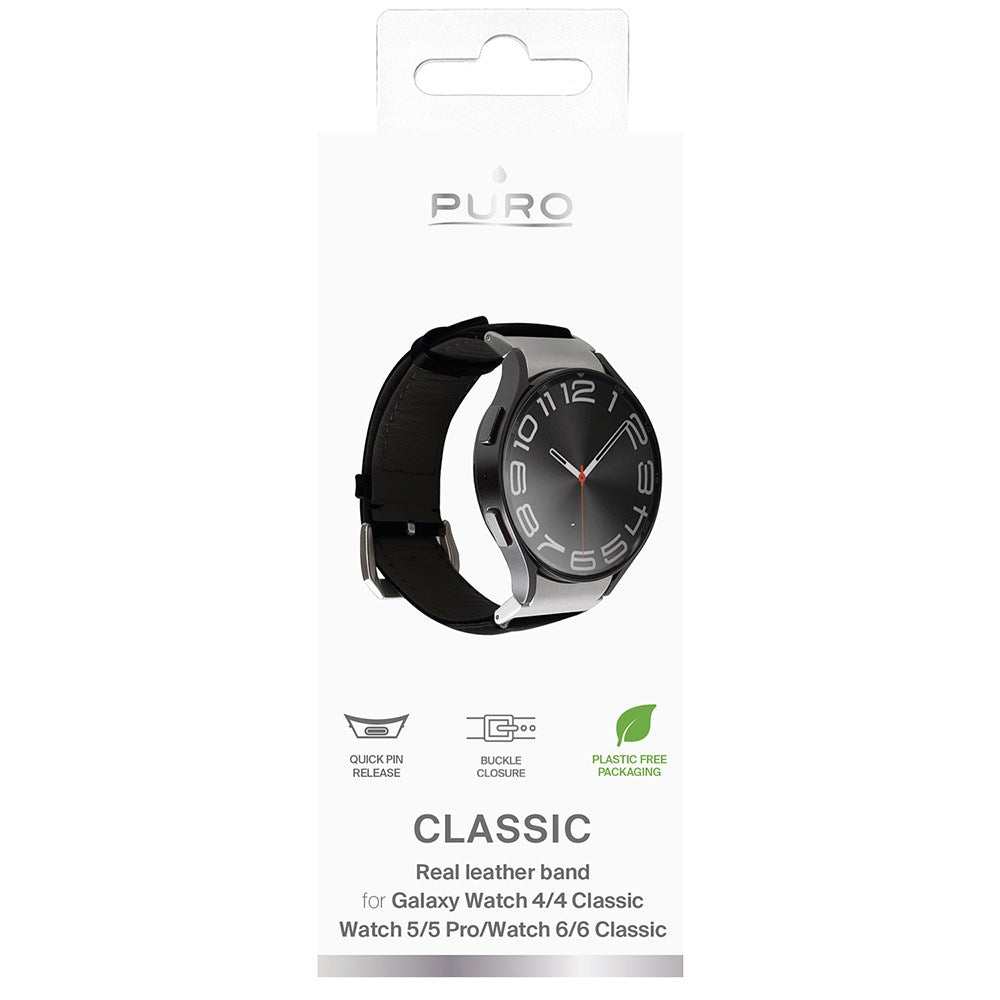 PURO CLASSIC Ægte Læder Rem - Samsung Galaxy Watch (4/4 Classic/5/5 Pro/6/6 Classic/7) - Sort