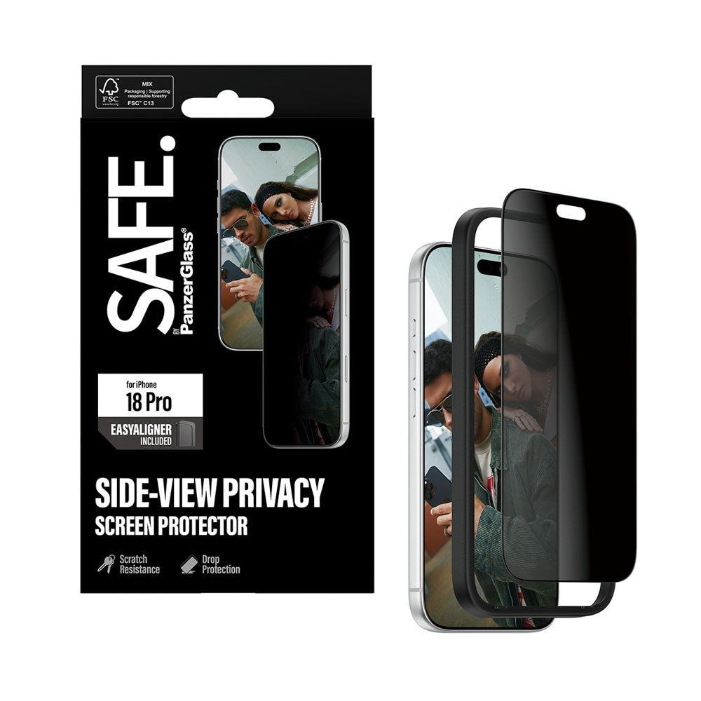 iPhone 18 Pro / 17 Pro - SAFE by PanzerGlass Ultra-Wide Fit m. EasyAligner - Skærmbeskyttelse - Privacy - Gennemsigtig