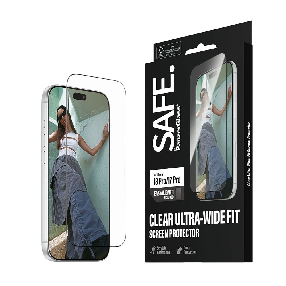 iPhone 18 Pro / 17 Pro - SAFE by PanzerGlass Ultra-Wide Fit m. EasyAligner - Skærmbeskyttelse - Gennemsigtig