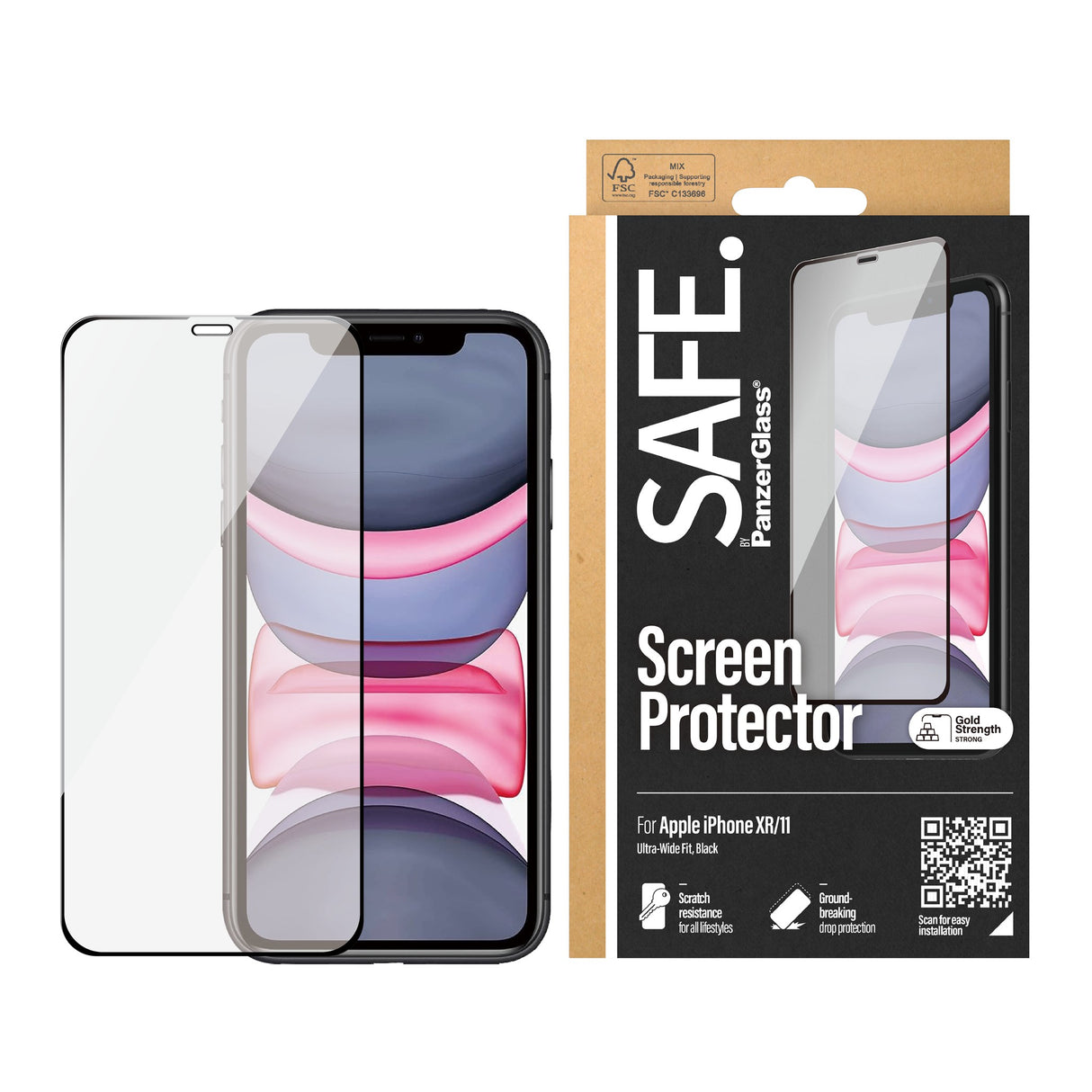 iPhone 11 / XR Safe By PanzerGlass® Edge-to-Edge Case Friendly Skærmbeskyttelsesglas- Gold Strength - Gennemsigtig / Sort Kant