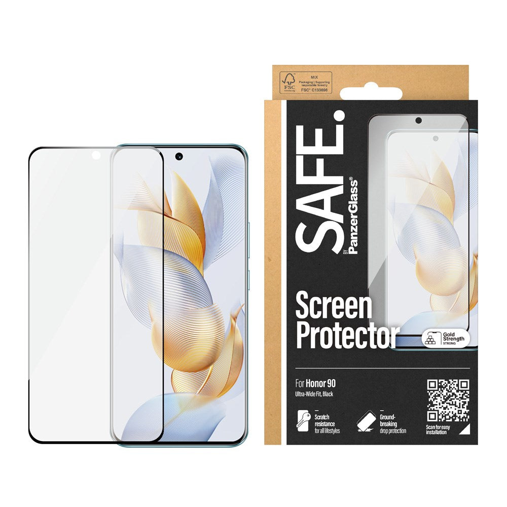 Honor 90 Safe By PanzerGlass® Ultra-Wide Fit Skærmbeskyttelsesglas - Case Friendly - Gold Strength - Gennemsigtig / Sort Kant