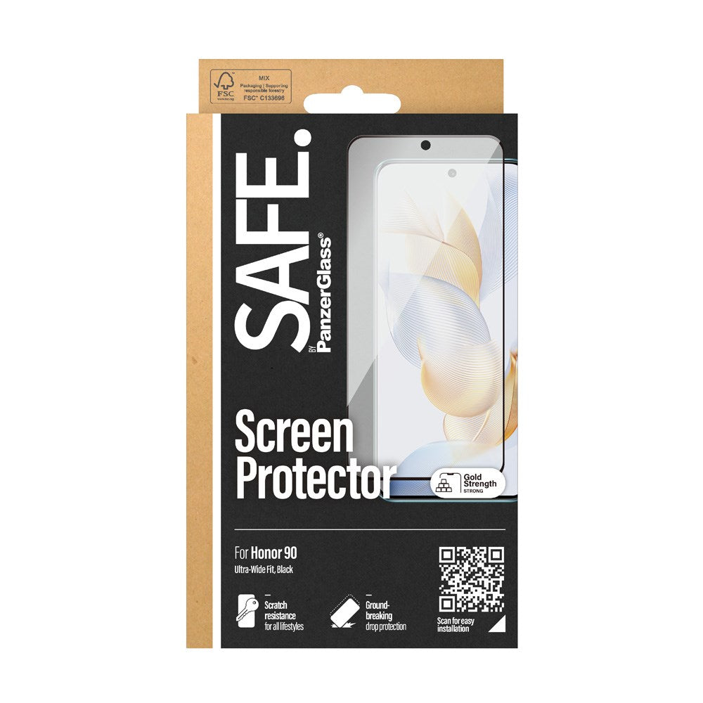 Honor 90 Safe By PanzerGlass® Ultra-Wide Fit Skærmbeskyttelsesglas - Case Friendly - Gold Strength - Gennemsigtig / Sort Kant