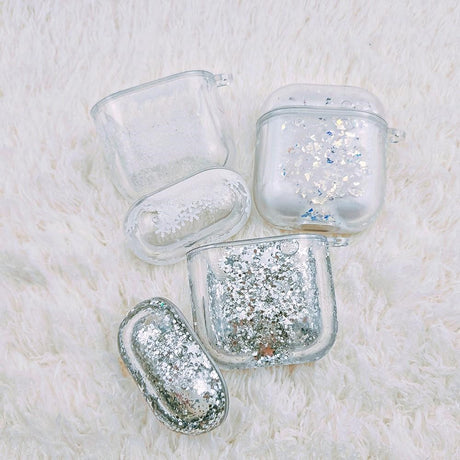 AirPods (1 & 2. gen.) Plastik Cover - Gennemsigtig m. Sølv Glitter Vandfald