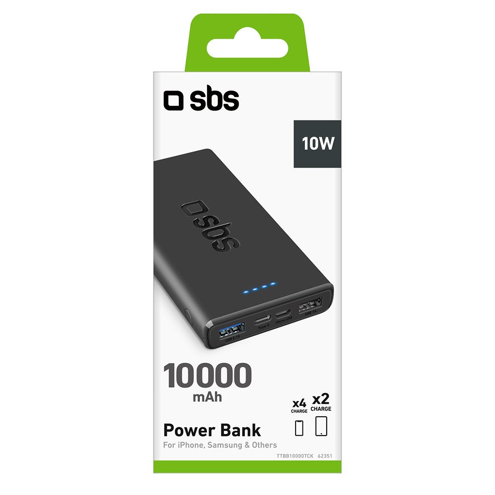 SBS Powerbank m. 2x USB-A & 1x USB-C 10W - 10.000 mAh - Sort