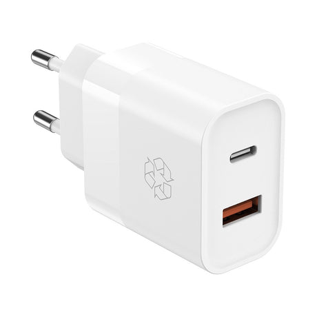 Upström ËSSENTIALS PD 30W Genanvendt Plastik Vægoplader m. USB-C og USB-A - Hvid