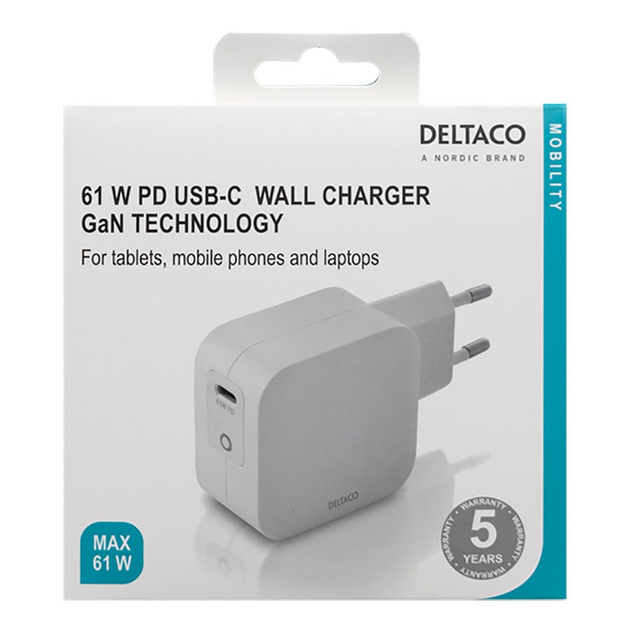 Deltaco PD 61W Vægoplader m. USB-C - Hvid