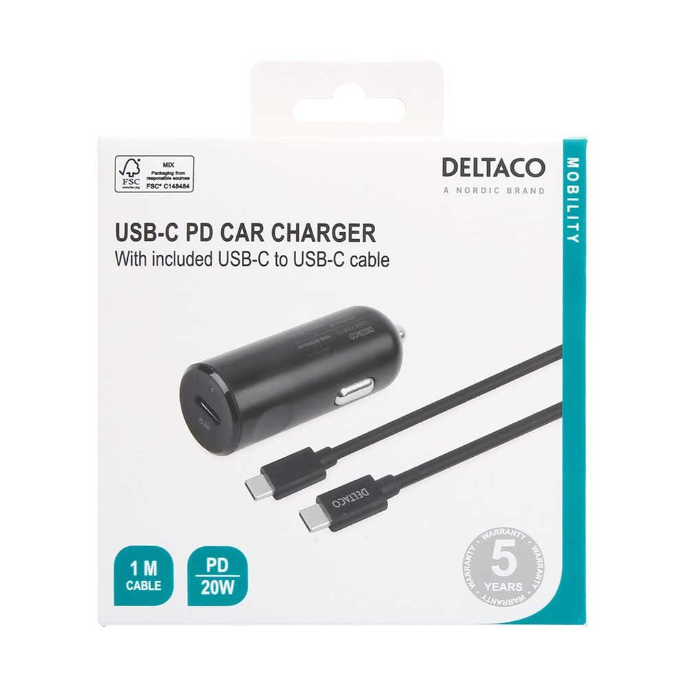 Deltaco Biloplader PD (Power Delivery) 20W inkl. USB-C Kabel - Sort