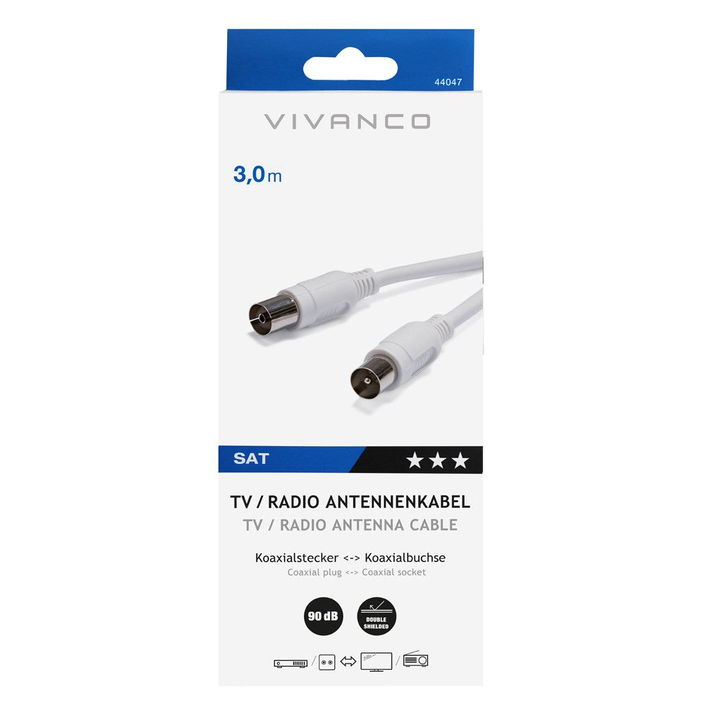 Antennekabel Coaxial 90DB F-M - 3m Hvid