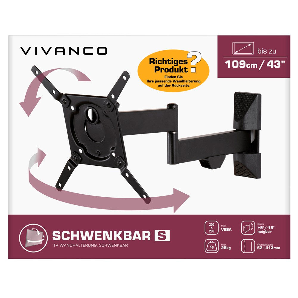 Vivanco TV Vægbeslag m. Indbygget Udtræk til 25kg / 43" - Sort